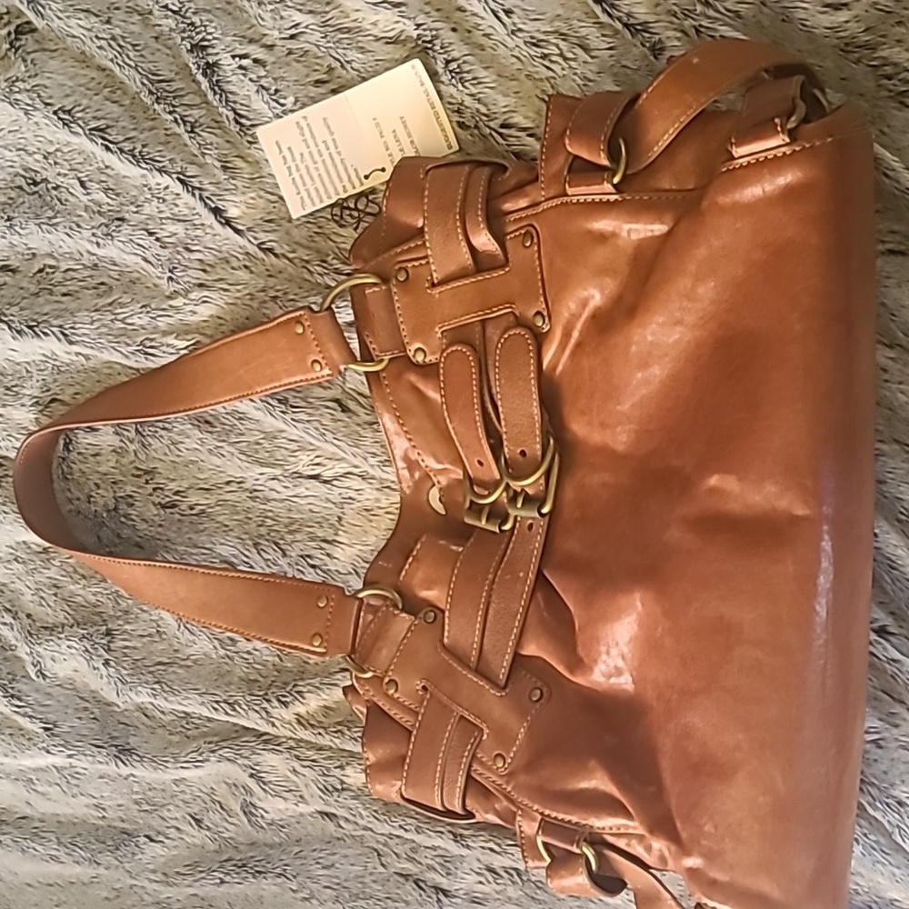 👜NWT KOOBA LENA Large Leather Cognac Buckle Bag with microsuede interior- MINT! - Picture 6 of 7